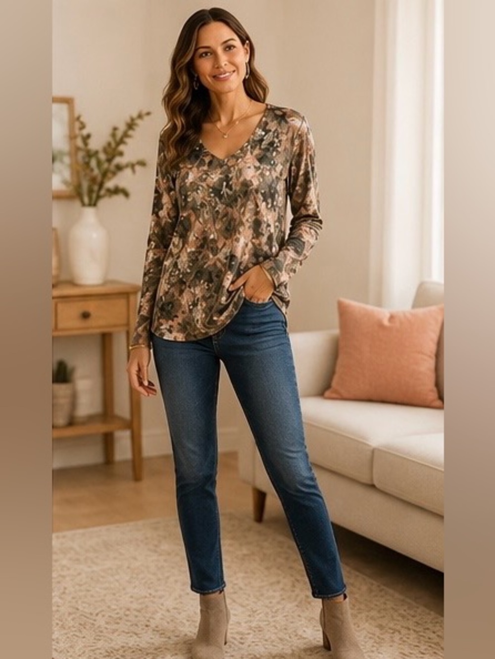 Chicos Floral V Neck Top Size 3 XL Metallic Detail Blouse